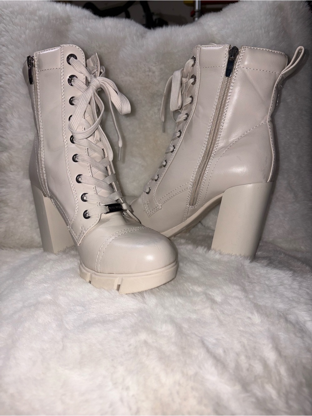 Nine West Off-White Lace-Up Platform Ankle Boots with Block Heel